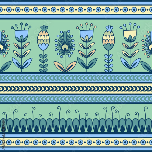 Seamless pattern with floral ornament in the decorative bands