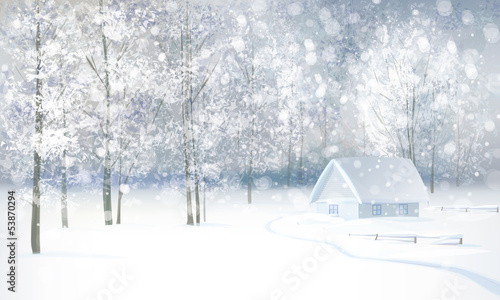 Vector of winter snowy landscape with house in forest.