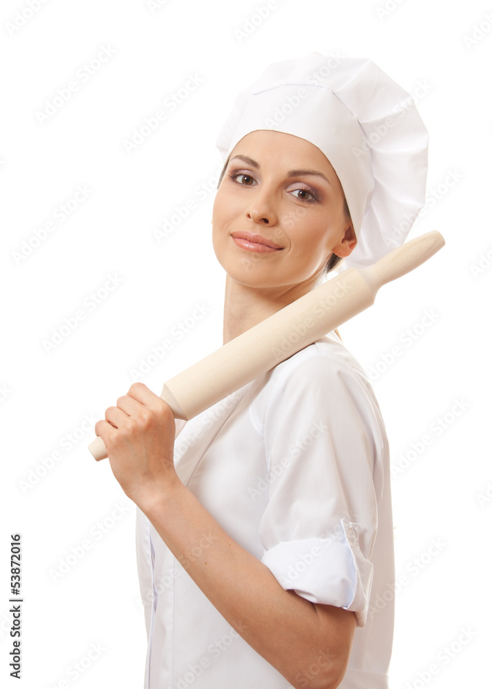 Baker / Chef woman holding baking rolling pin, isolated on white Baker / Chef woman holding baking rolling pin, isolated on white