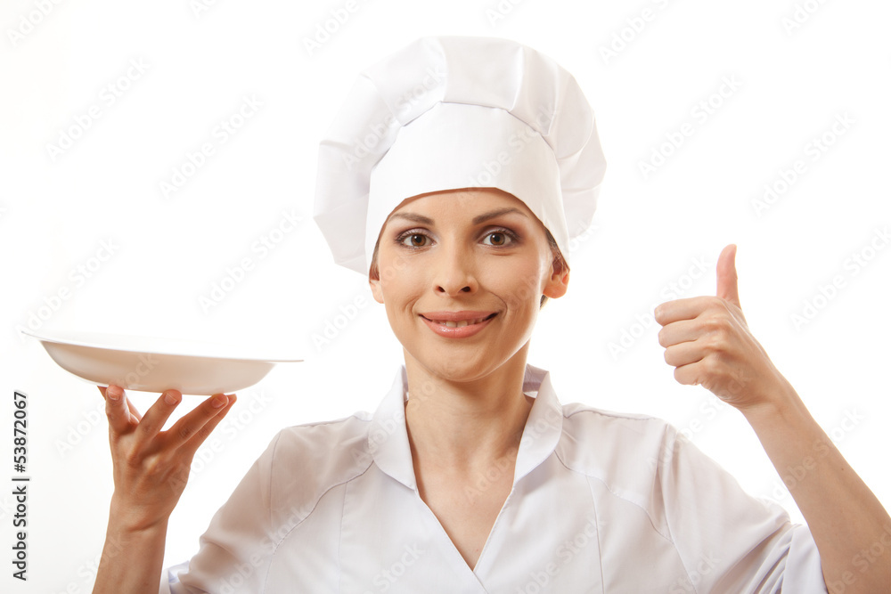Woman cook holding empty plate, isolated on white Woman cook holding empty plate, isolated on white