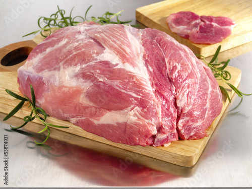 Raw pork ham on cutting board photo