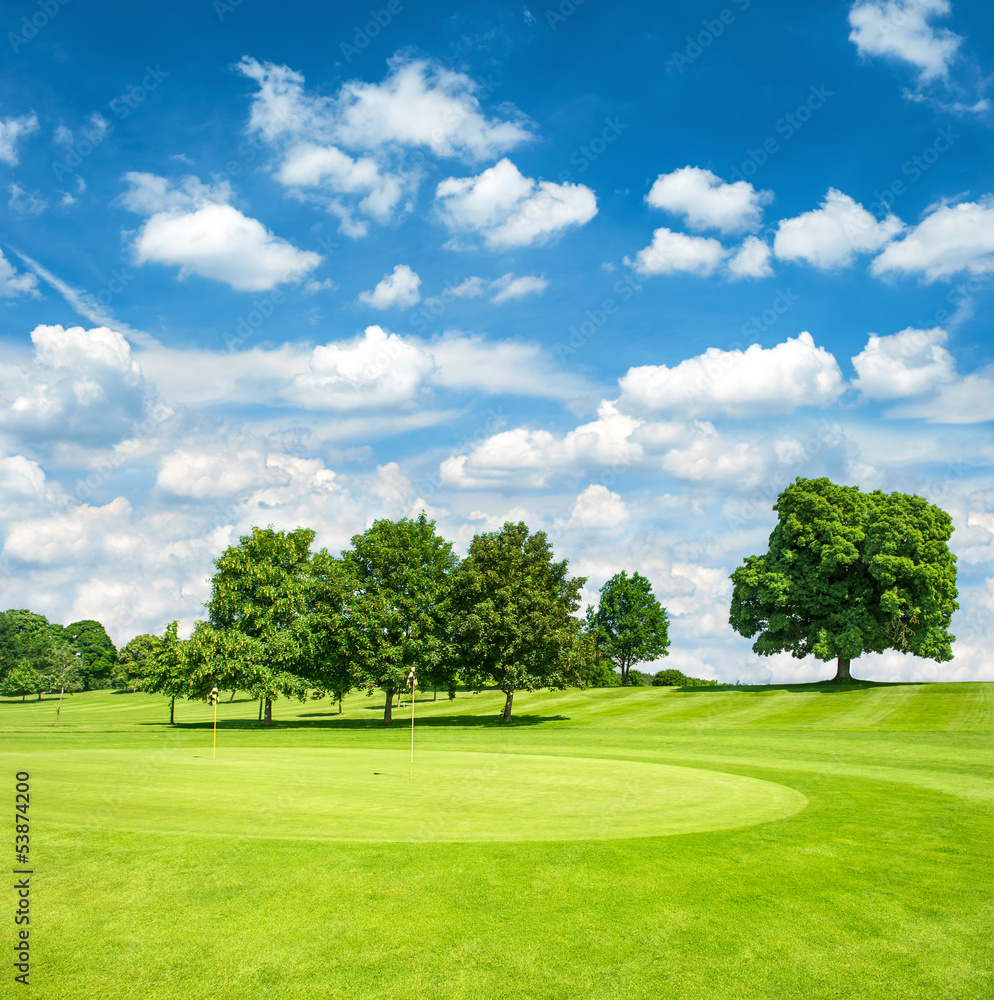 green golf course and blue cloudy sky