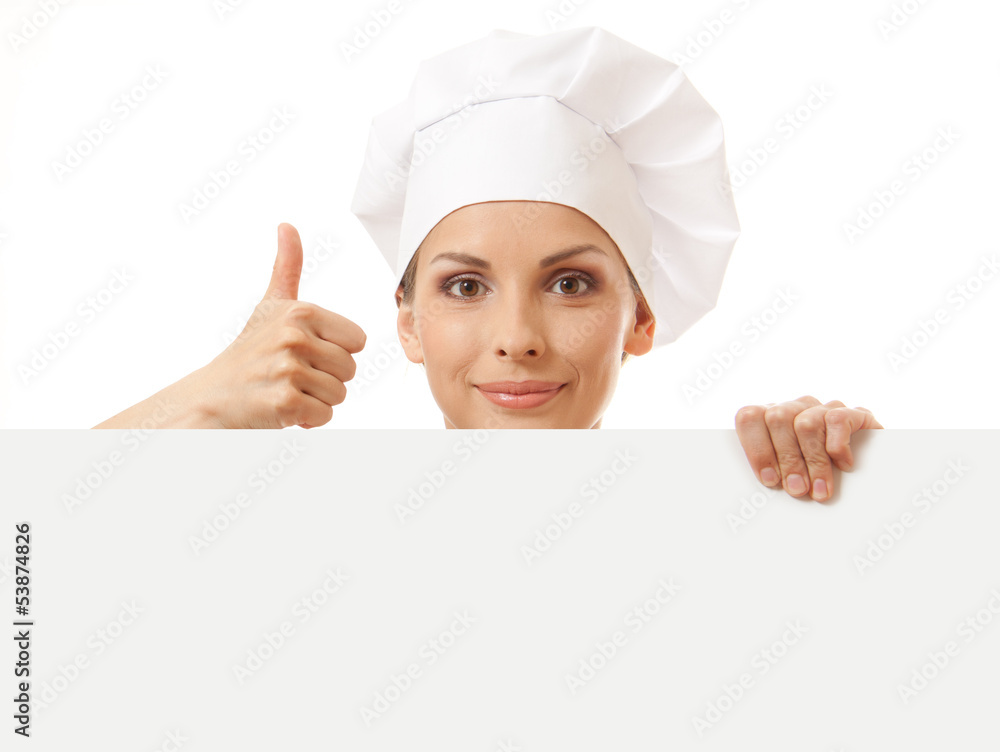 Chef woman with blank board in front of her , isolated Chef woman with blank board in front of her , isolated