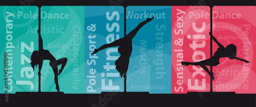 Silhouettes of female pole dancers on abstract background