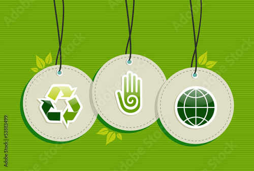 Hanging green recycle planet earth icons set