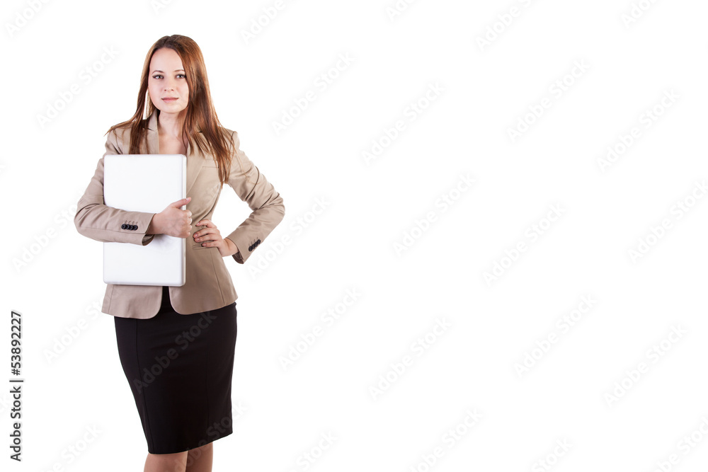 Beautiful Secretary with a laptop in hands isolated on white bac Beautiful Secretary with a laptop in hands isolated on white bac