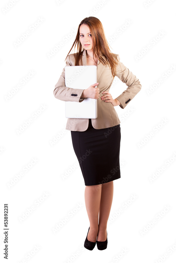 Beautiful Secretary with a laptop in hands isolated on white bac Beautiful Secretary with a laptop in hands isolated on white bac