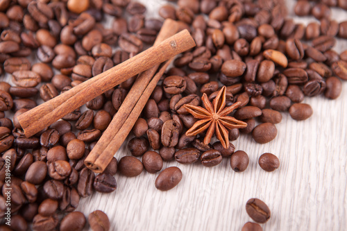 two cinnamon sticks and coffee beans