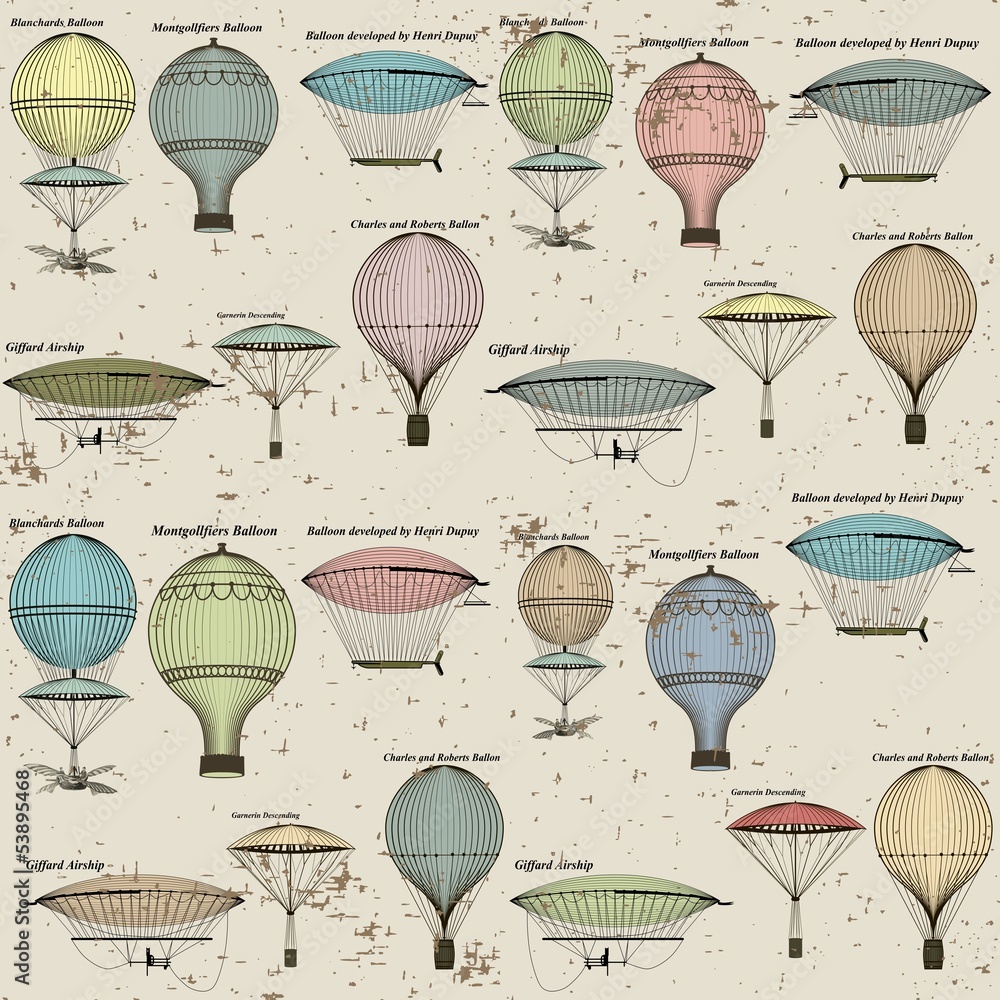 Obraz premium Vintage pattern of hot air balloons and airships