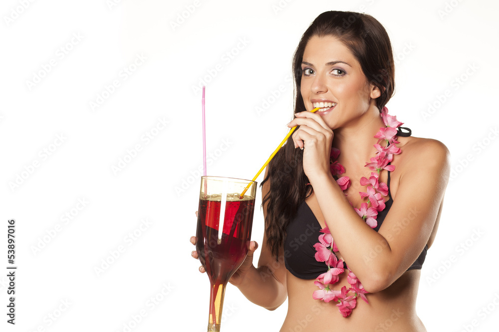 beautiful brunette with a flower drink her cocktail beautiful brunette with a flower drink her cocktail