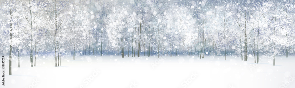Fototapeta premium Vector of winter landscape, snowfall in forest..