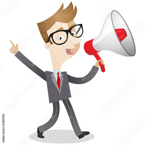 Businessman, megaphone, announcement, walking