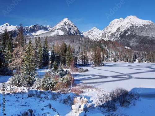 Frozen Strbske Pleso in High Tatras in winter
