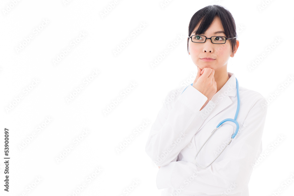 attractive asian doctor thinking on white background attractive asian doctor thinking on white background