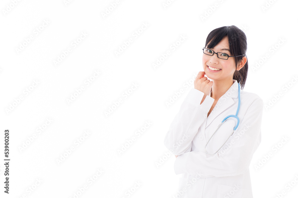 attractive asian doctor thinking on white background attractive asian doctor thinking on white background