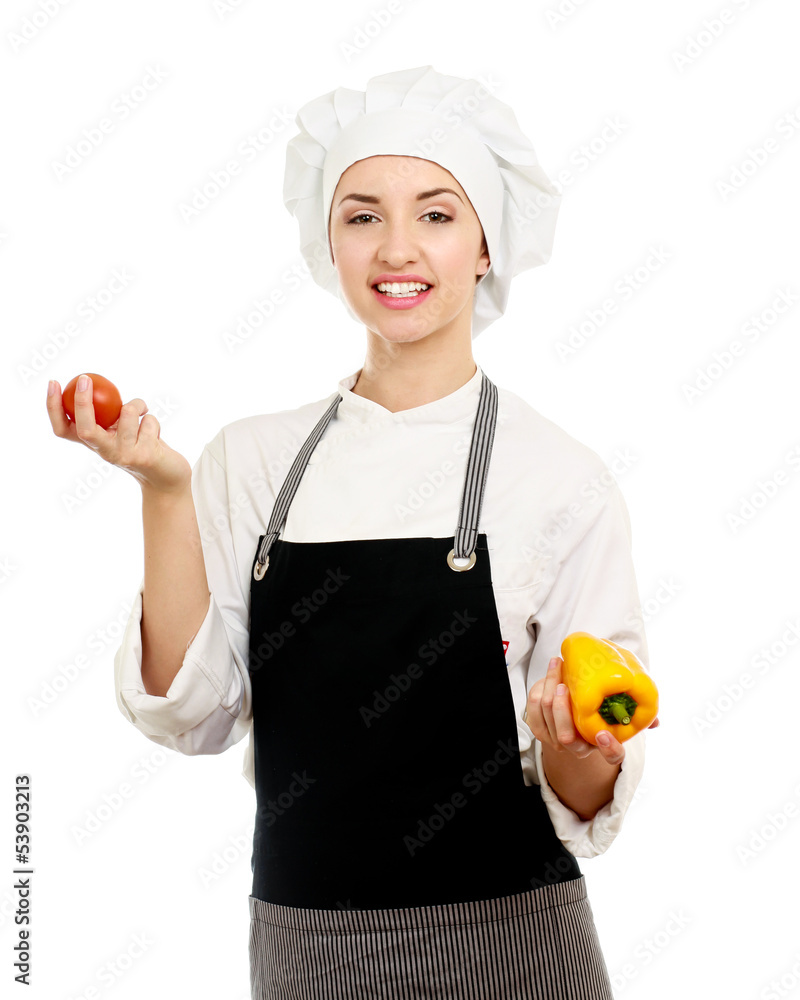 Attractive cook woman with vegetables, a over white background Attractive cook woman with vegetables, a over white background