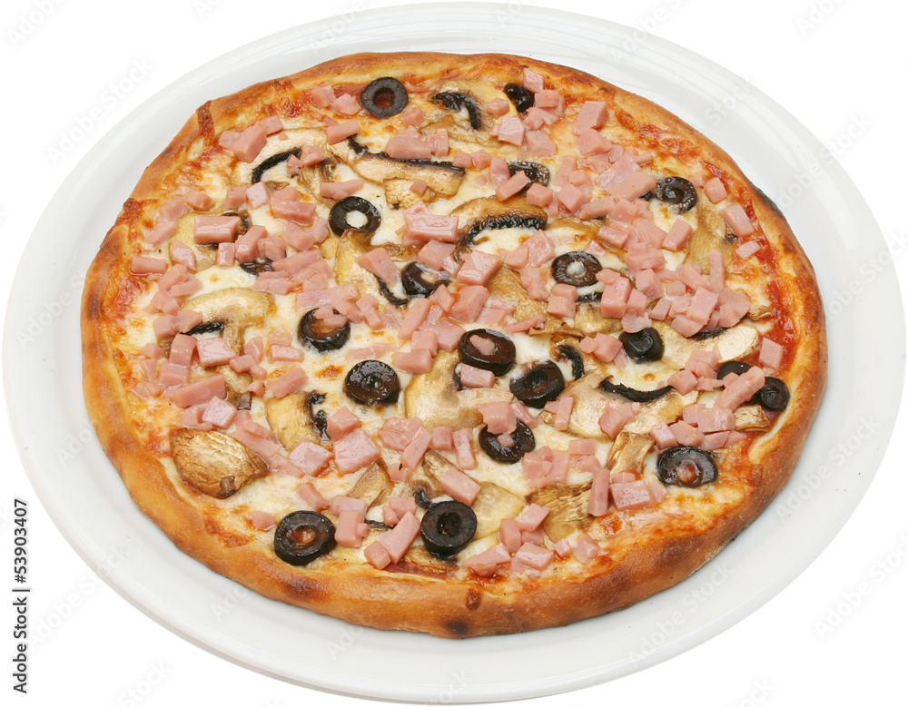 Pizza Franciscana with tomatoes cheese ham isolated Pizza Franciscana with tomatoes cheese ham isolated