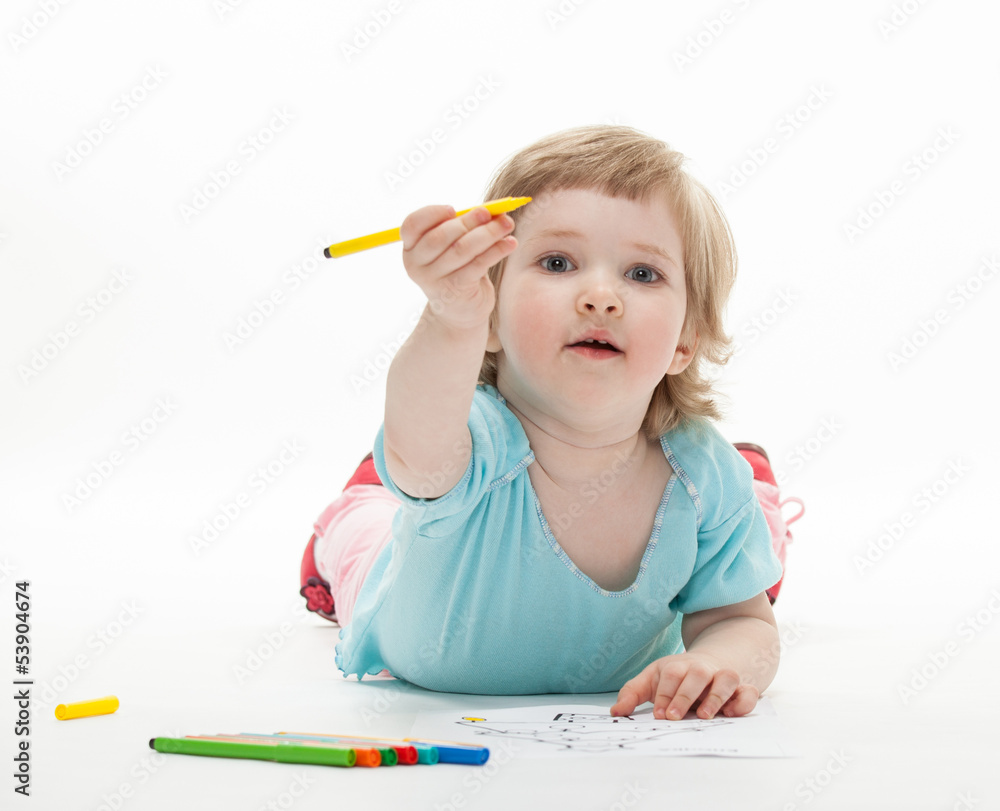 Baby girl drawing with colorful felt-tip pens Baby girl drawing with colorful felt-tip pens