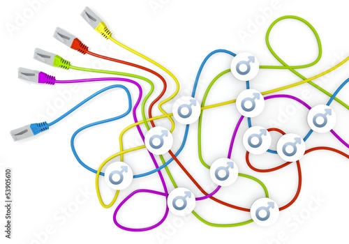Illustration of a happy man icon nodes in network cable chaos