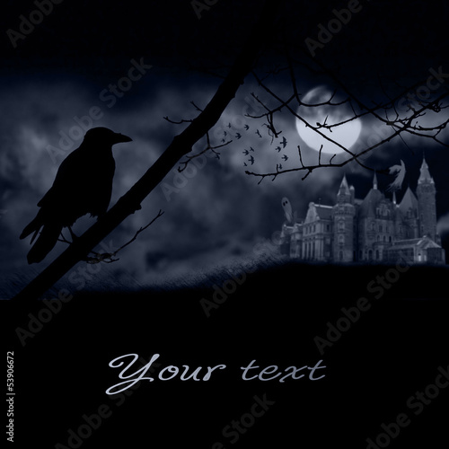 ghosts, old gravestones, moon and black raven