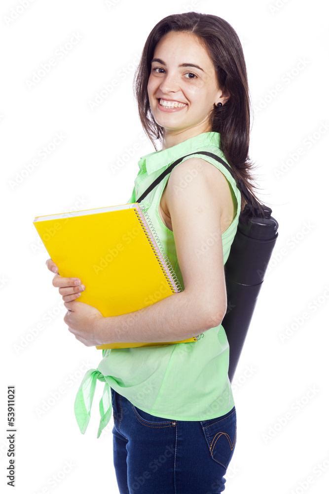 Happy female architecture student carrying notebooks - isolated Happy female architecture student carrying notebooks - isolated