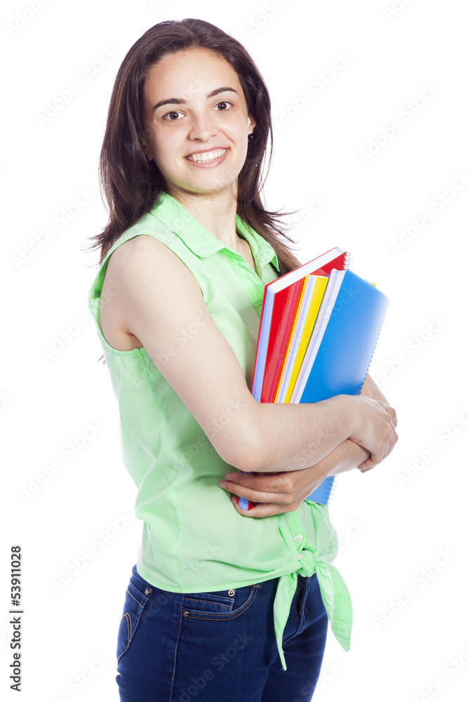 Happy smiling female student carrying notebooks, isolated on whi Happy smiling female student carrying notebooks, isolated on whi