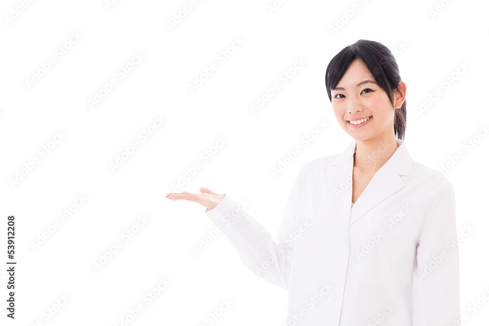 attractive asian doctor showing on white background Stock Photo | Adobe