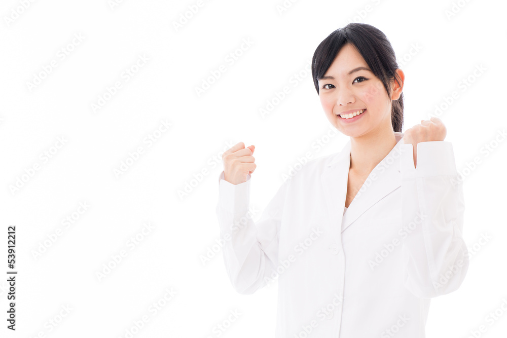 attractive asian doctor cheering on white background attractive asian doctor cheering on white background