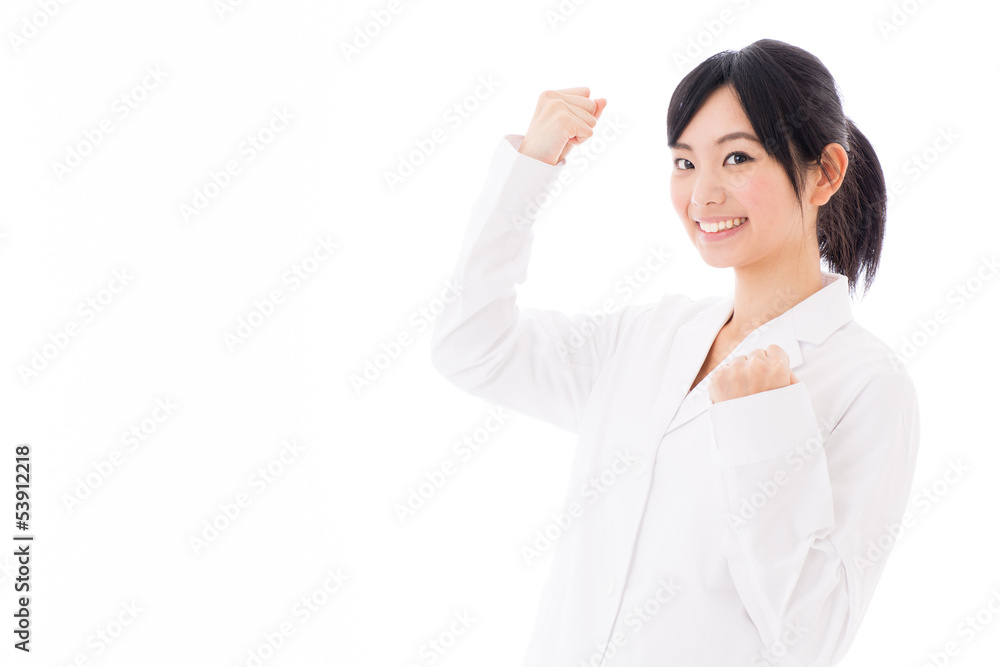 attractive asian doctor cheering on white background attractive asian doctor cheering on white background