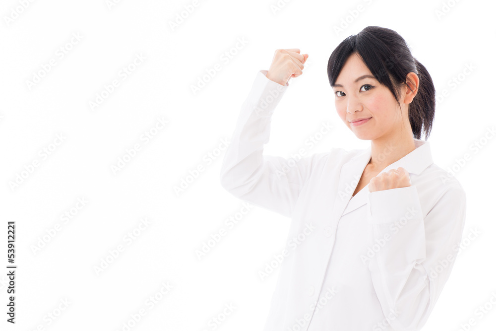 attractive asian doctor cheering on white background attractive asian doctor cheering on white background