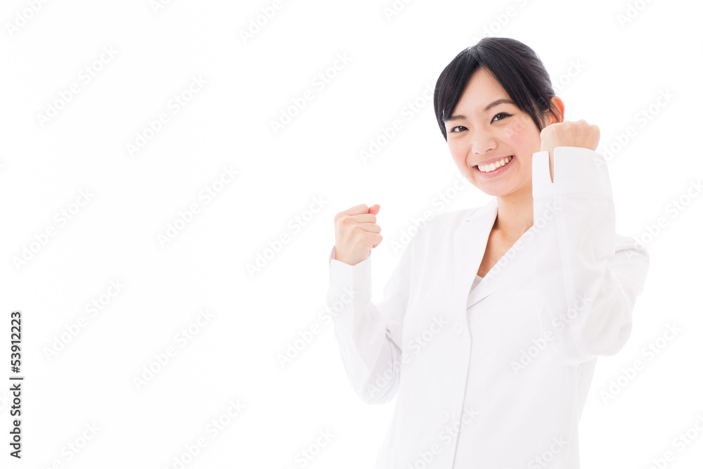 attractive asian doctor cheering on white background attractive asian doctor cheering on white background
