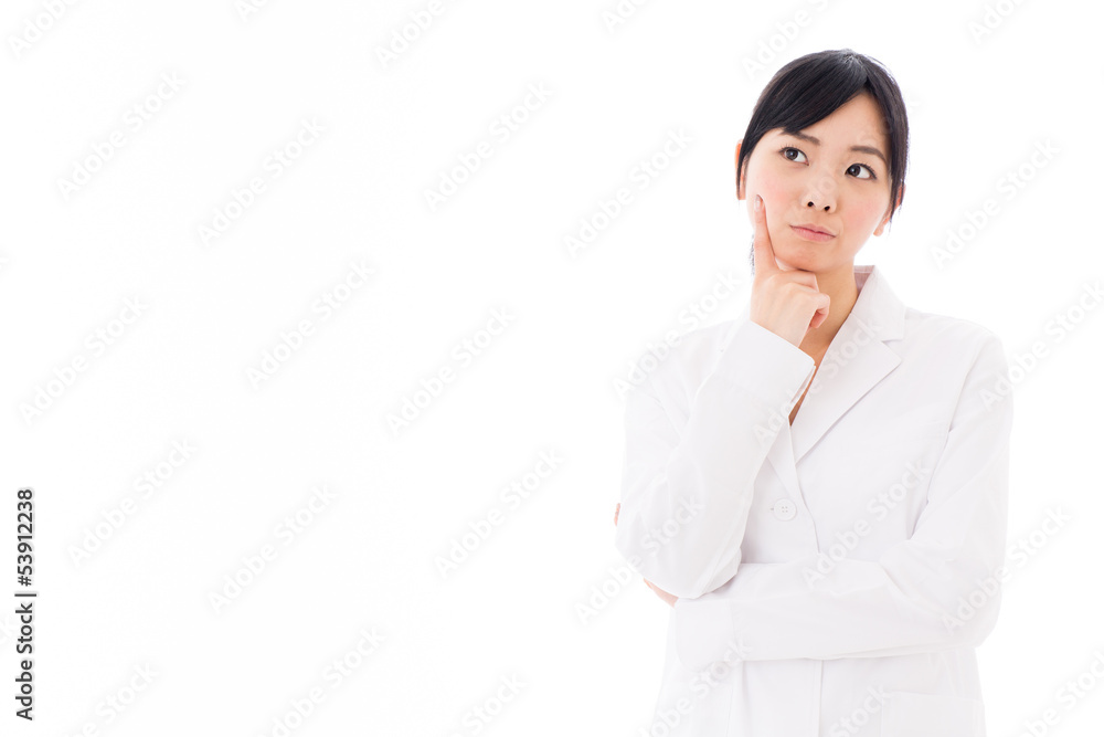 attractive asian doctor thinking on white background attractive asian doctor thinking on white background