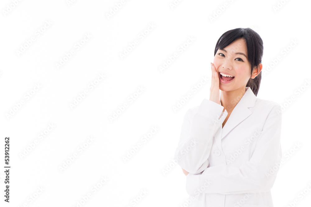 attractive asian doctor thinking on white background attractive asian doctor thinking on white background