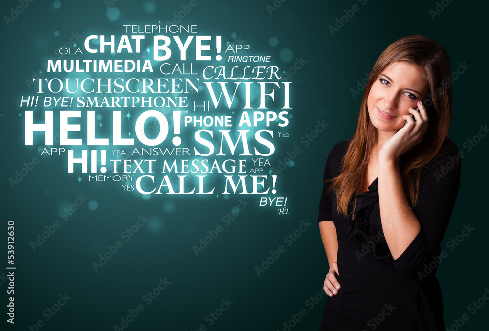 Young girl calling by phone with word cloud Young girl calling by phone with word cloud