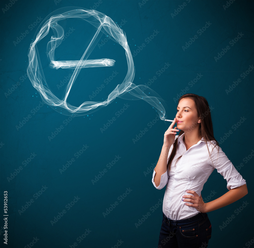 Young lady smoking unhealthy cigarette with no smoking sign