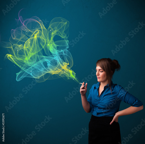 Pretty lady smoking cigarette with colorful smoke