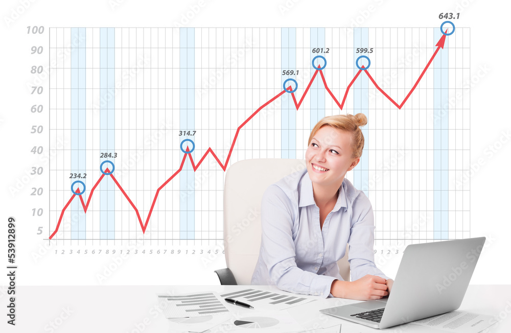 Young businesswoman calculating stock market with rising graph i Young businesswoman calculating stock market with rising graph i