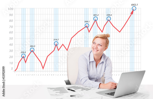 Young businesswoman calculating stock market with rising graph i photo