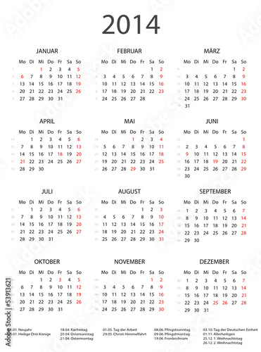 2014 Kalender schwarz/weiss incl Feiertage