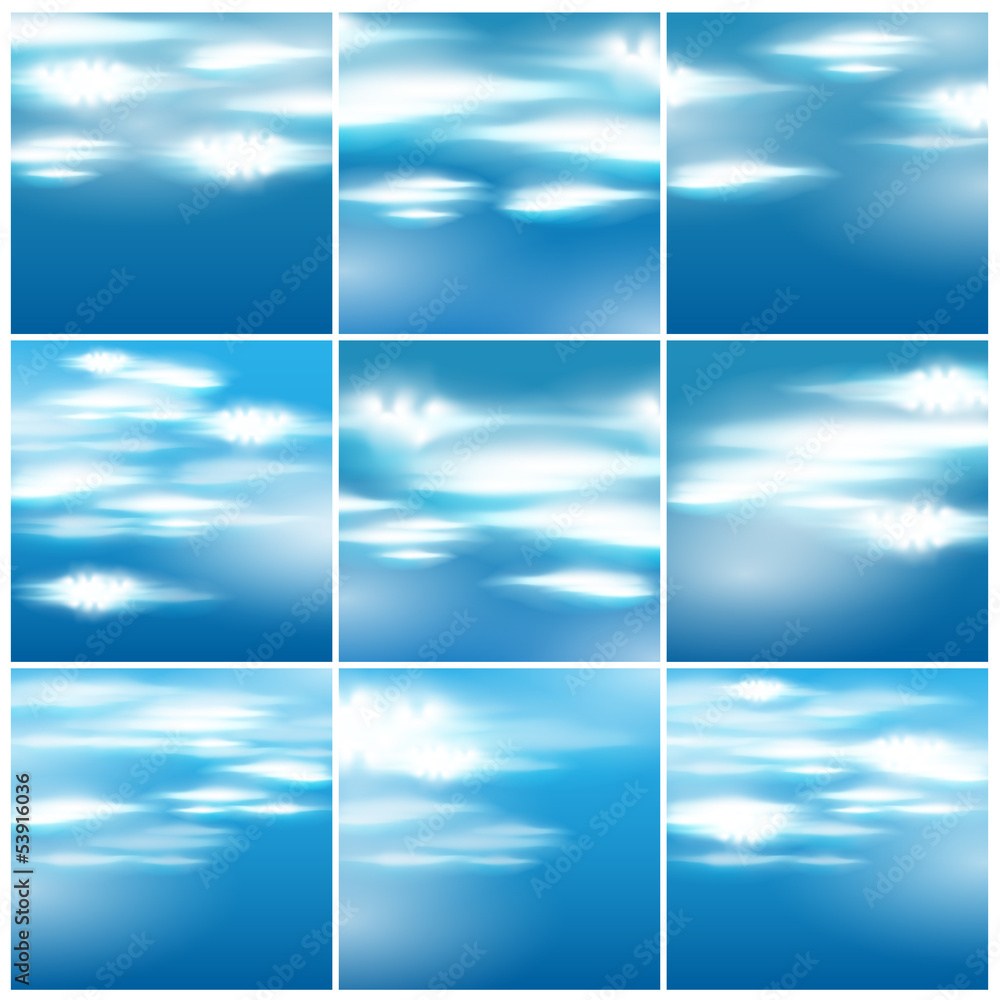 Large set of beautiful blue sky with clouds illustrations