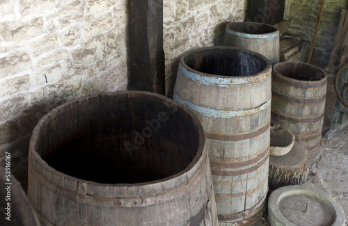 Open old wooden barrels