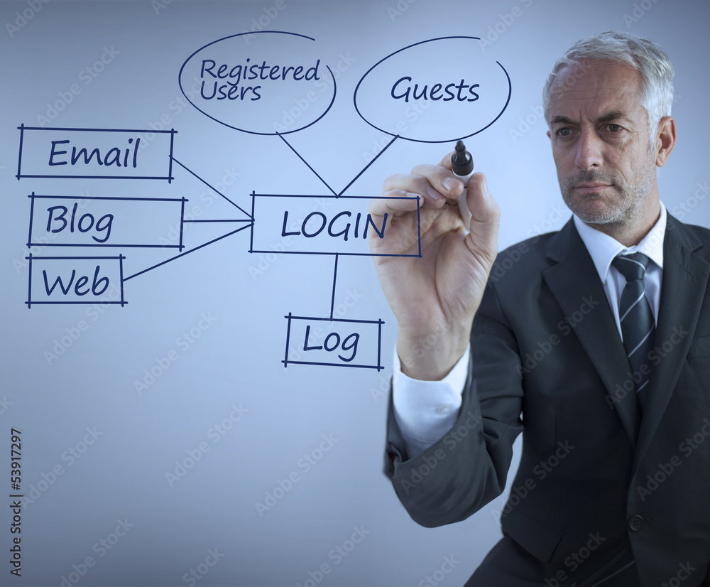 Elegant businessman writing login terms Elegant businessman writing login terms
