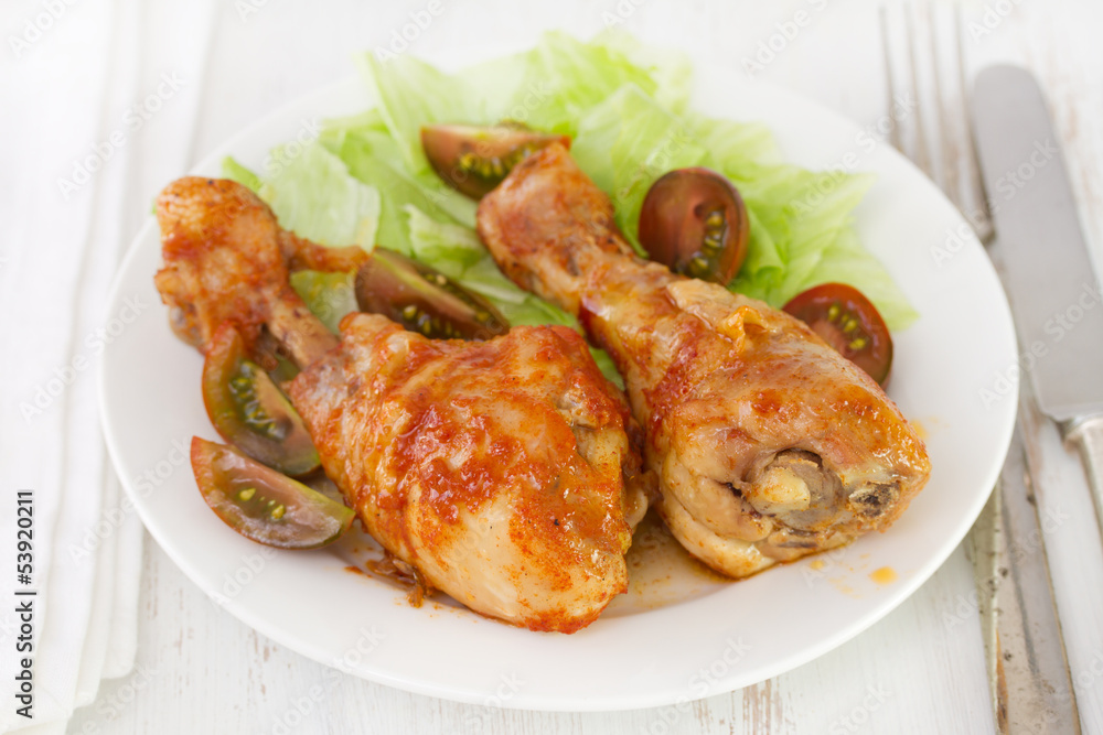 fried chicken with salad on white plate fried chicken with salad on white plate