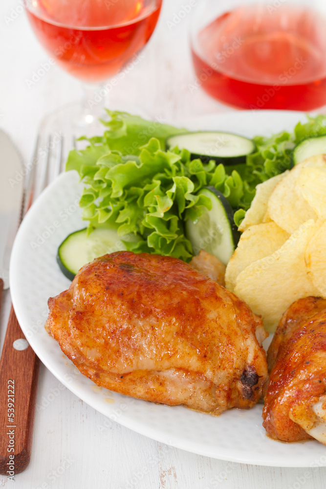 fried chicken with potato chips and salad fried chicken with potato chips and salad