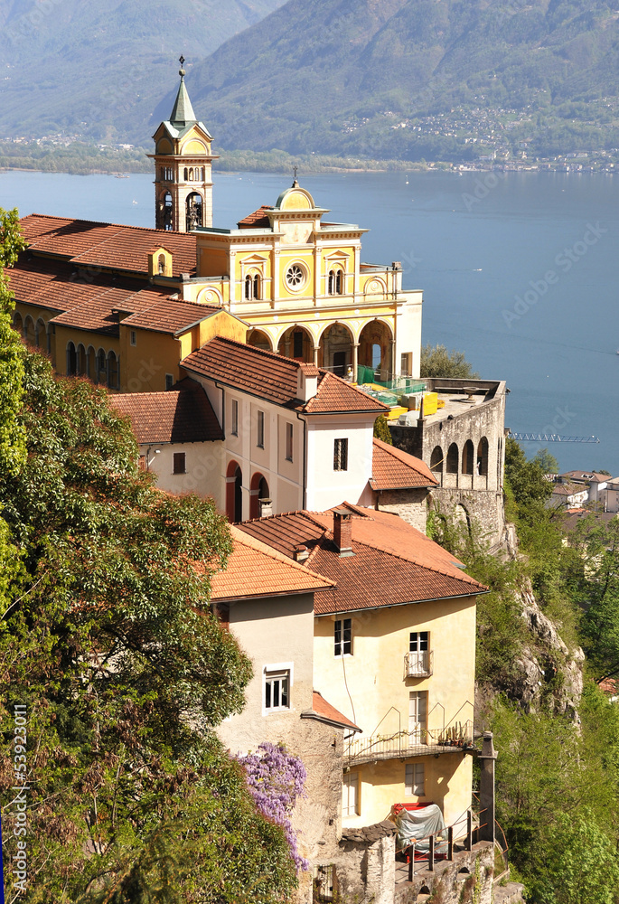 Madonna del Sasso, medieval monastery on the rock overlook lake