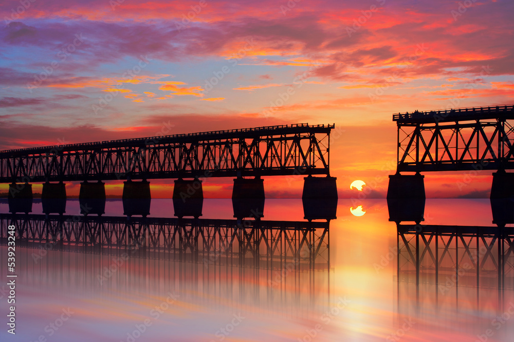 Beautiful colorful sunset or sunrise with broken bridge - obrazy, fototapety, plakaty 