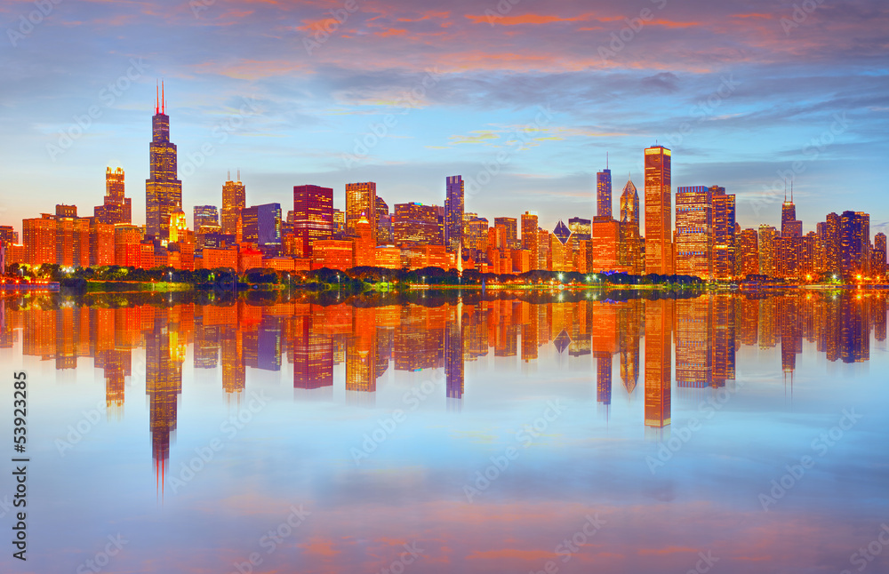 City of Chicago USA, sunset colorful panorama skyline