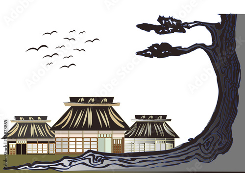 日本の農村と松　paper cutout：village in Japan