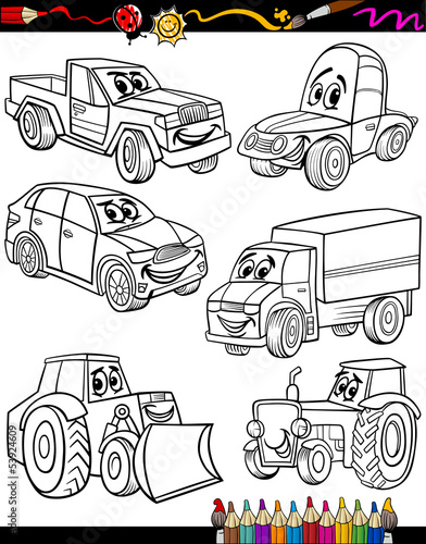 cartoon vehicles set for coloring book