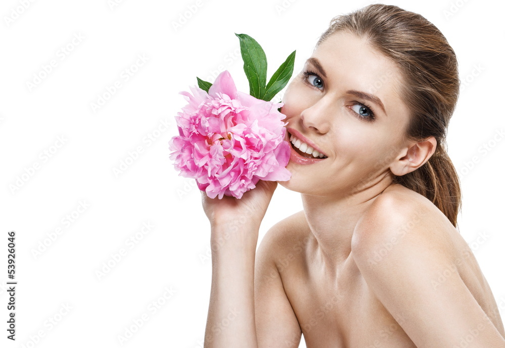 excellent european woman with peony flower - isolated on white excellent european woman with peony flower - isolated on white